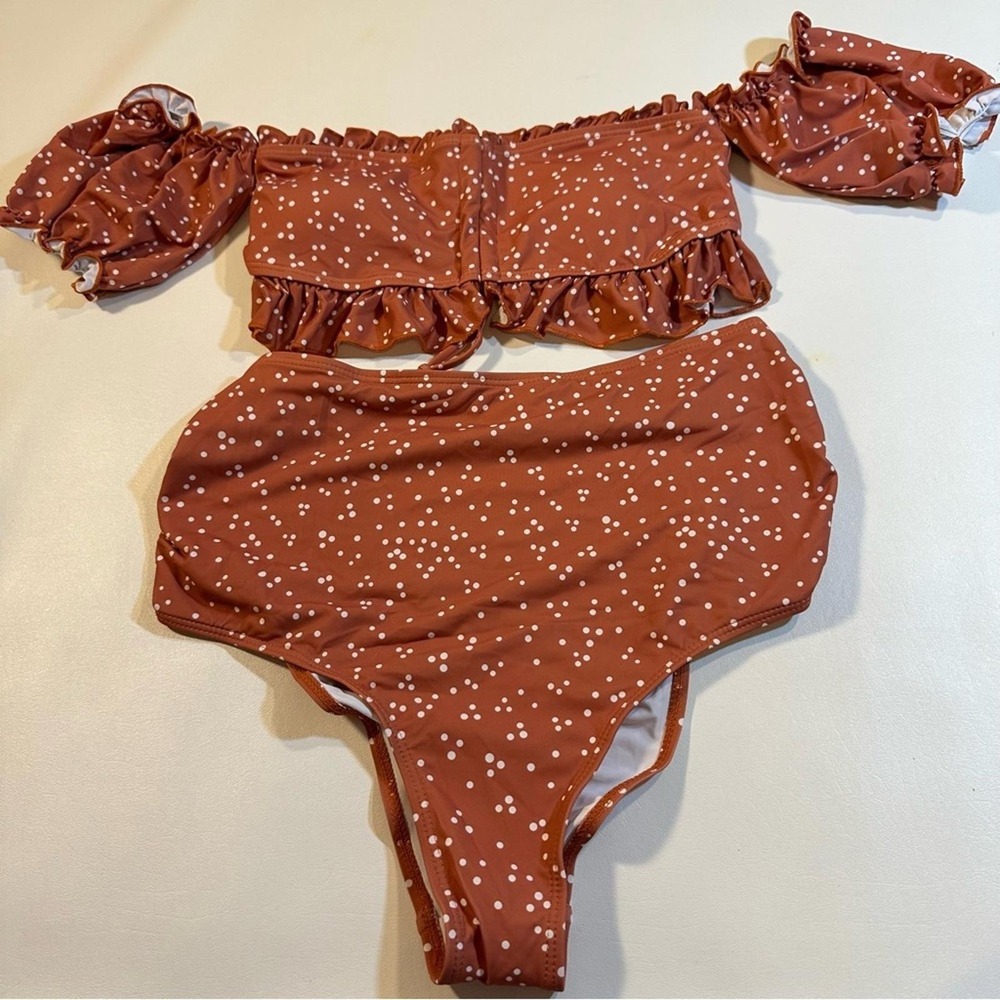 NEW Oyoangle Size S Coppery Tan‎ Maternity Bikini W Off Shoulder Sleeves, Ruffle
